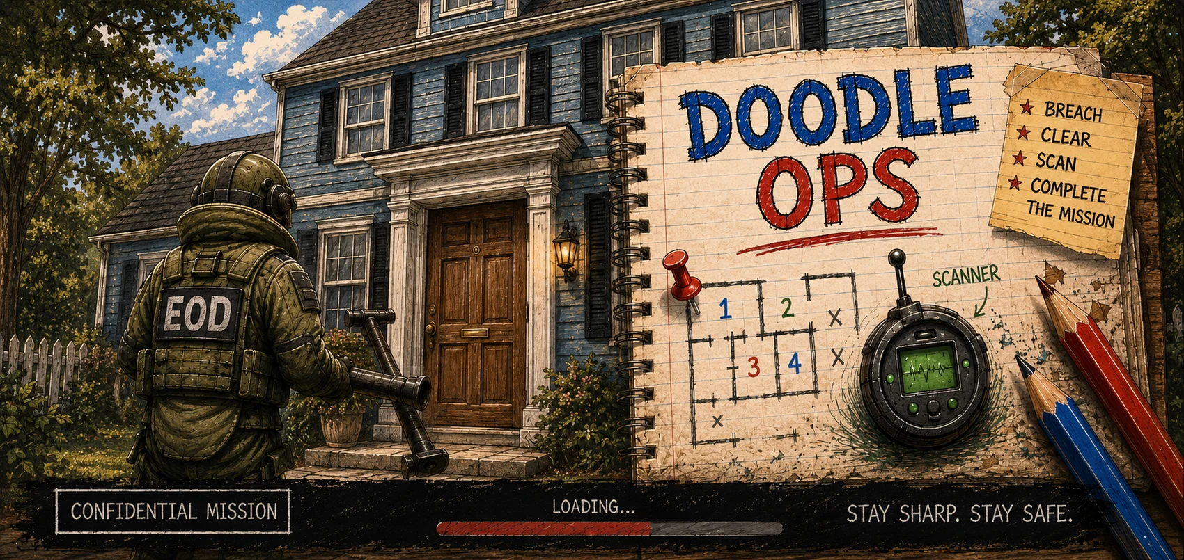Doodle Ops EOD operator approaching a house beside a tactical notebook